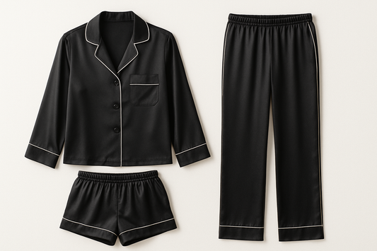 black 3 piece silk pyjamas with shorts for women and long pants