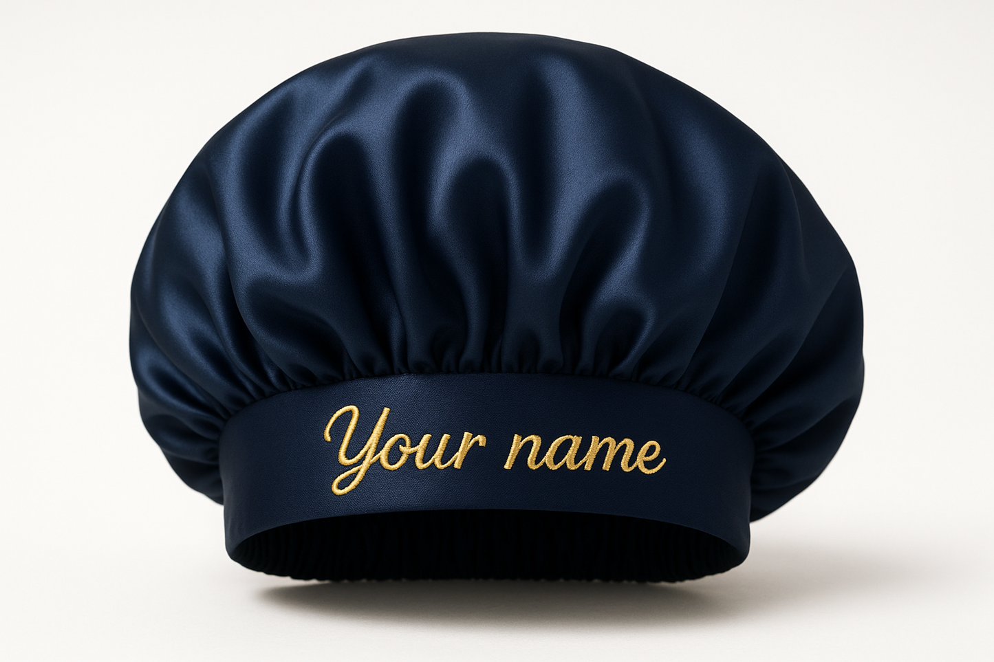 navy blue bonnet with thick elastic band personalised "Your name"