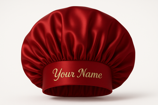 red bonnet with thick headband personalised "Your Name"
