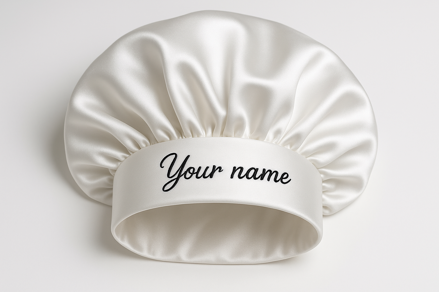 white bonnet with thick head band personalised "Your name"