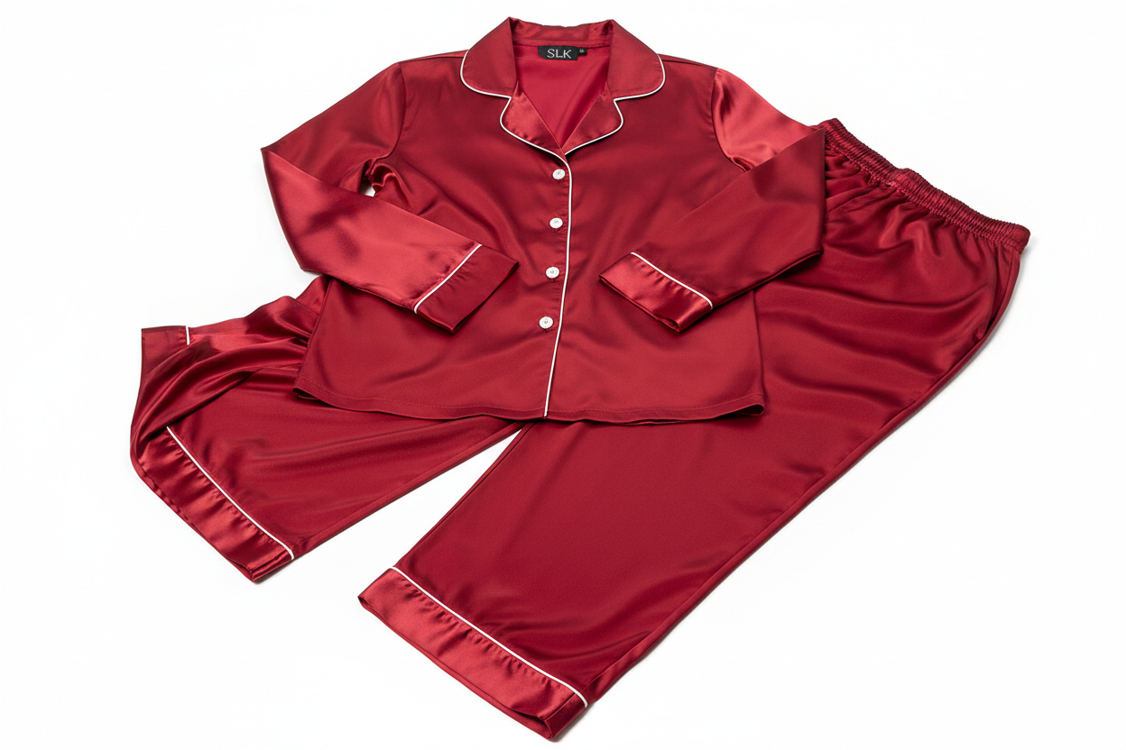 red long sleeve silk pyjamas 